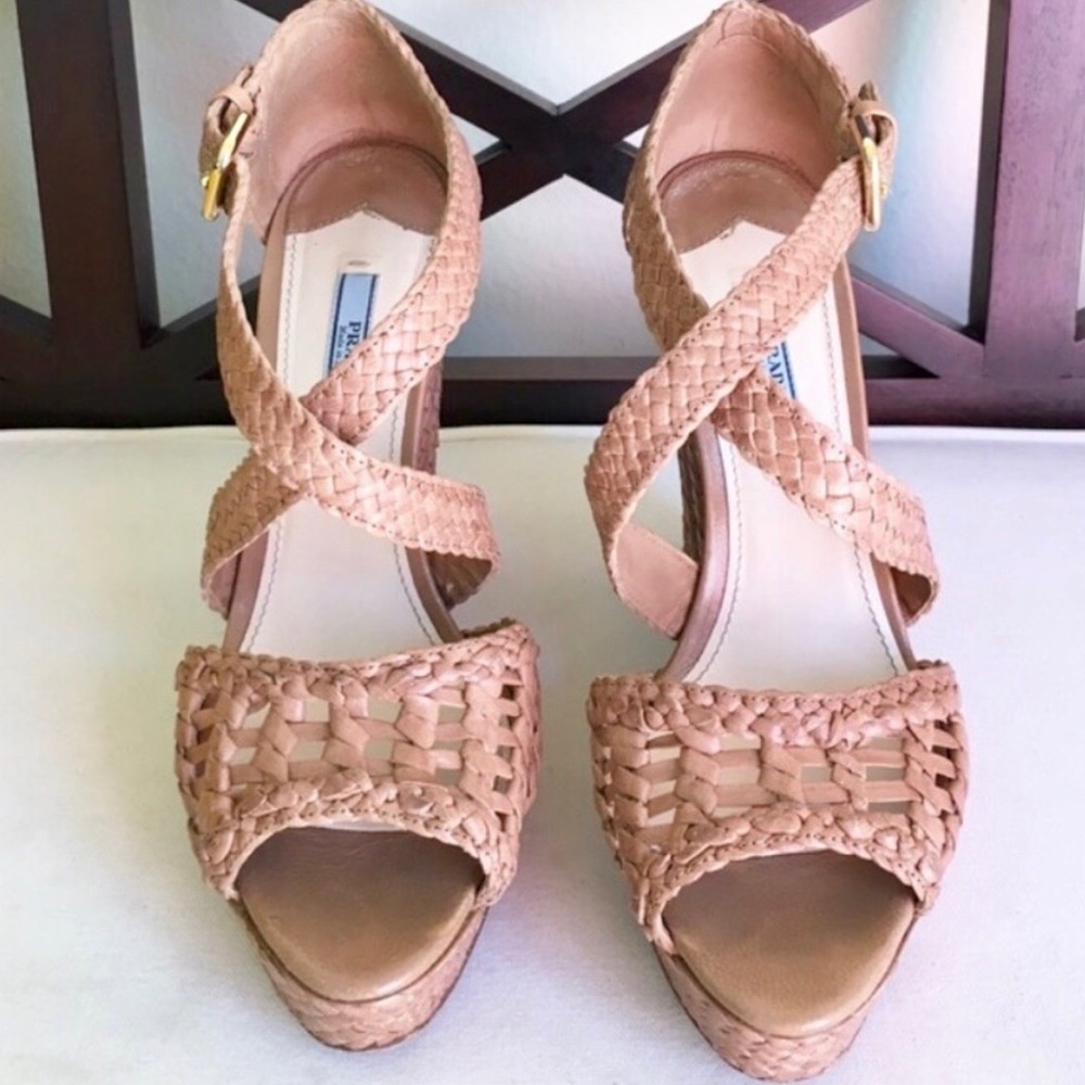 Authentic Prada Tan Woven Leather Wedges - Picture 1 of 8